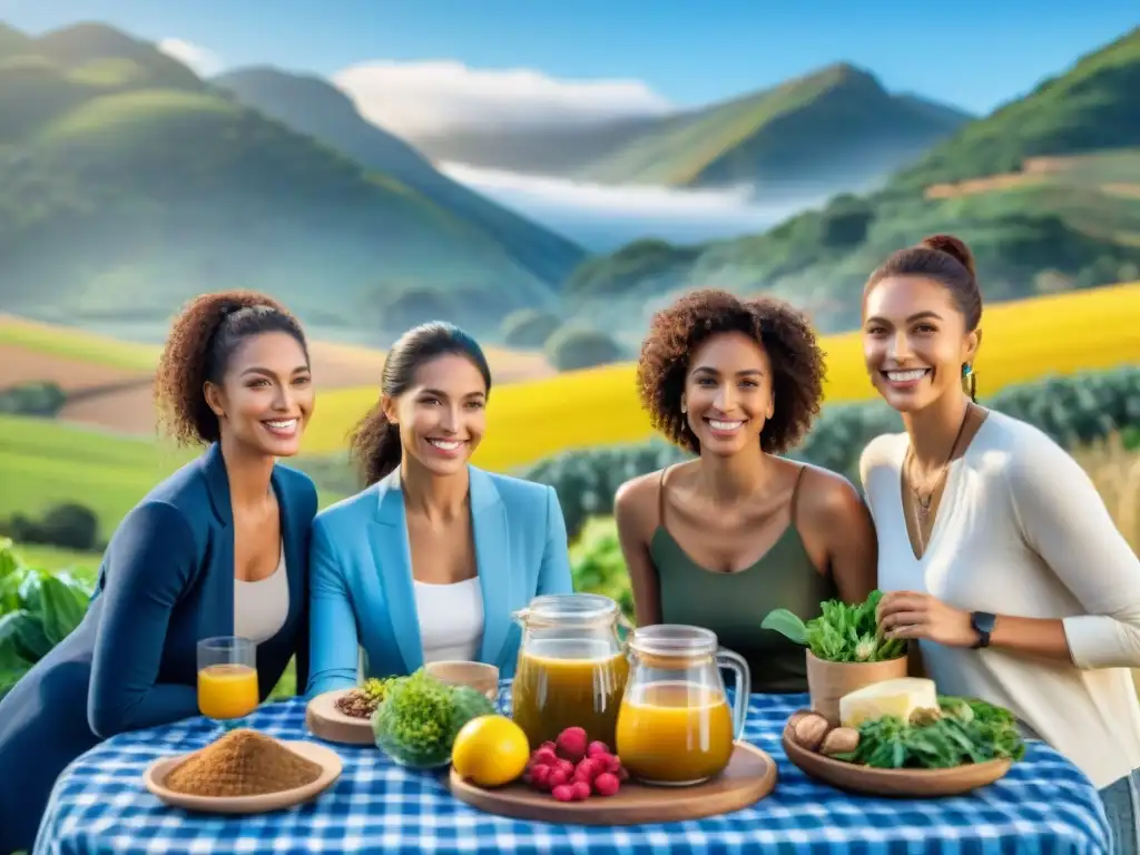 Un grupo diverso sonríe alrededor de una mesa con alimentos ricos en colágeno en Uruguay