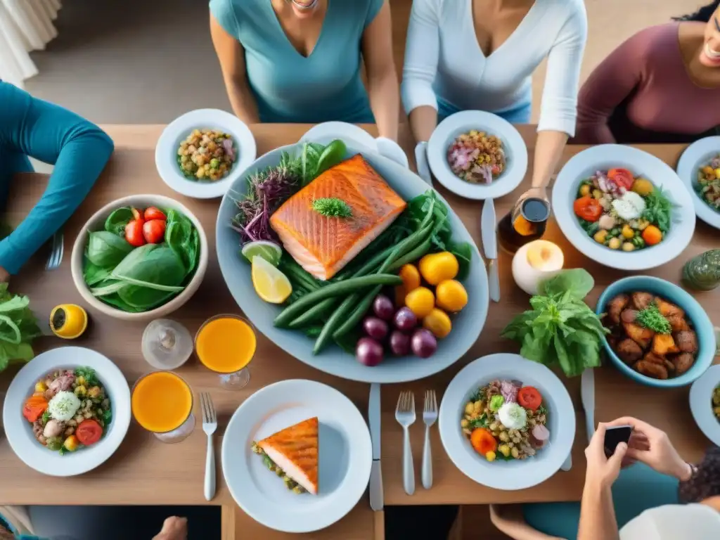 Grupo diverso disfruta de mesa llena de platillos típicos de Uruguay, usando apps para planificar menús saludables