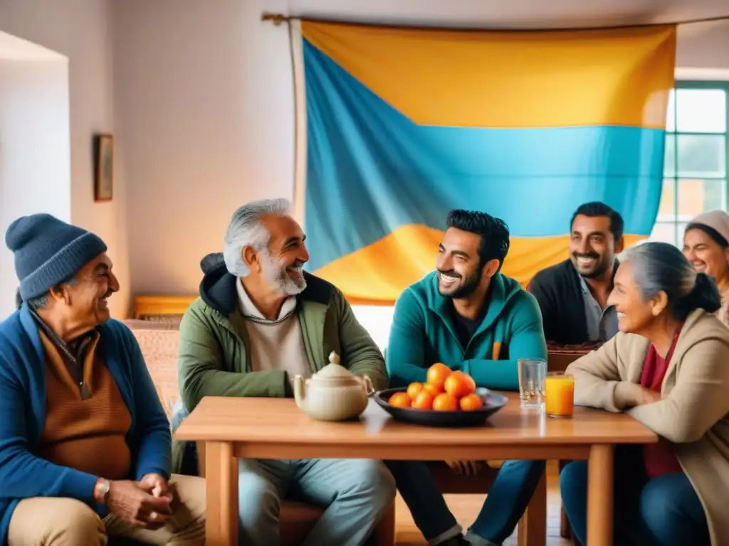 Un grupo diverso de migrantes se reúne en un centro comunitario en Uruguay, compartiendo historias y cocinando juntos