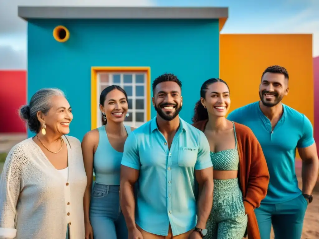 'Grupo diverso de migrantes sonrientes frente a vivienda inclusiva en Uruguay'