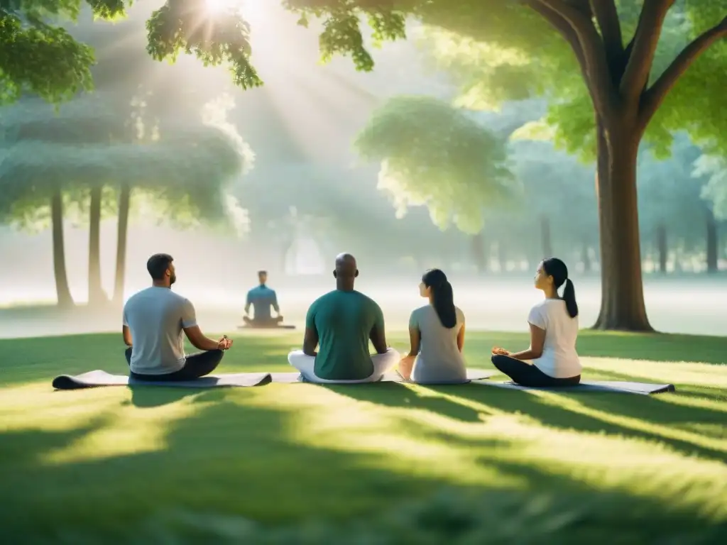 Grupo diverso practicando mindfulness en parque