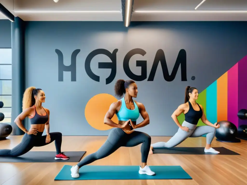 Un grupo diverso de mujeres realizando actividades saludables juntas en un gimnasio moderno, mostrando confianza y empoderamiento