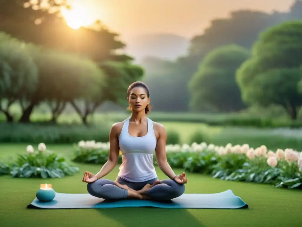 Un grupo diverso de mujeres practica yoga al atardecer en un parque verde, transmitiendo paz y equilibrio