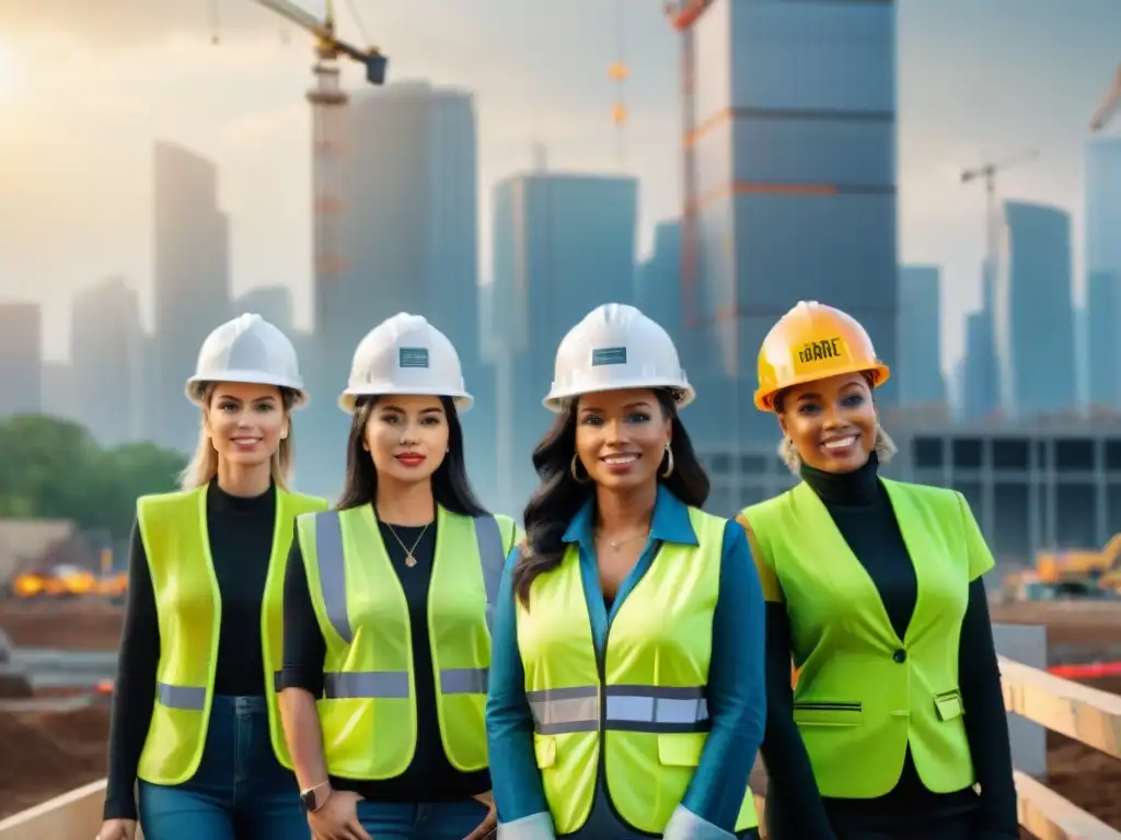 Un grupo diverso de mujeres en cascos y chalecos de seguridad frente a una obra, simbolizando liderazgo femenino en comunidades uruguayas