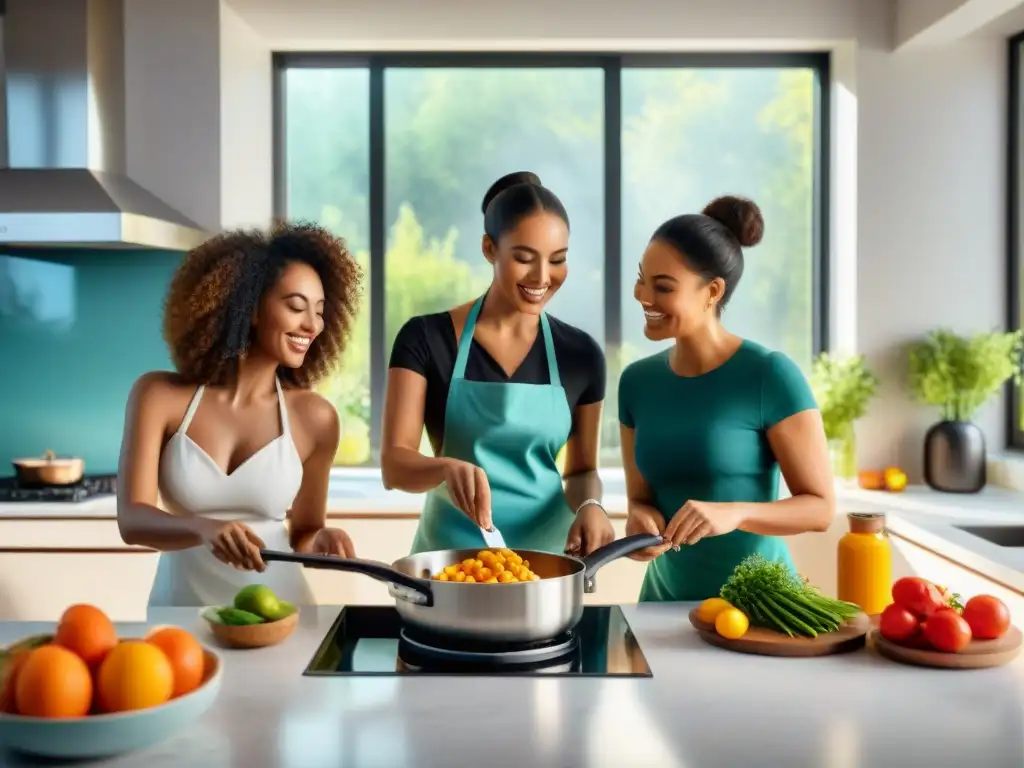 Un grupo diverso de mujeres cocina feliz en una cocina moderna y luminosa, cada una realizando una tarea distinta