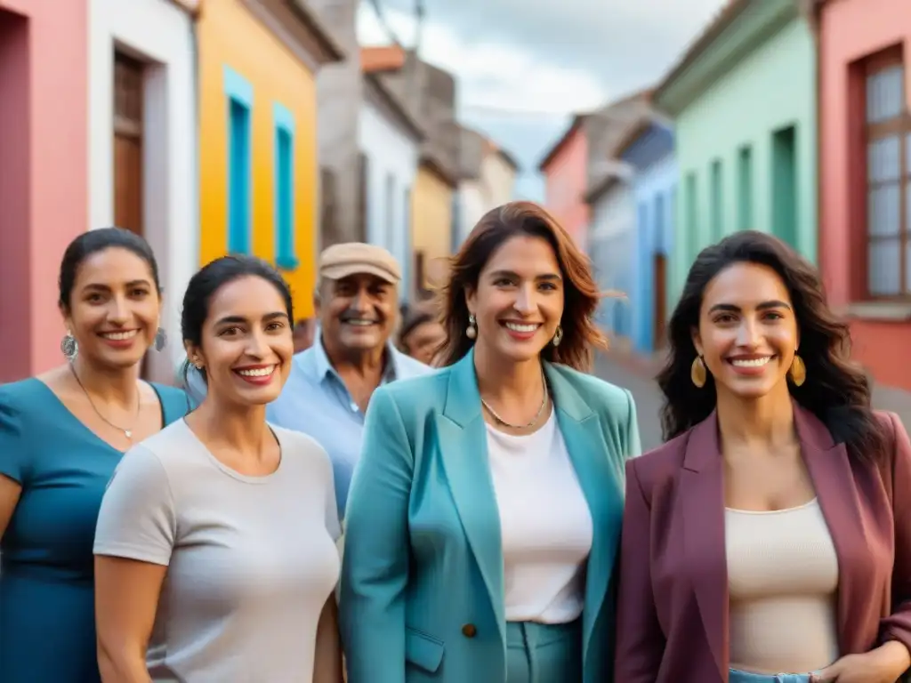 Un grupo diverso de mujeres uruguayas de todas las edades y orígenes, unidas en solidaridad y liderazgo femenino en comunidades uruguayas