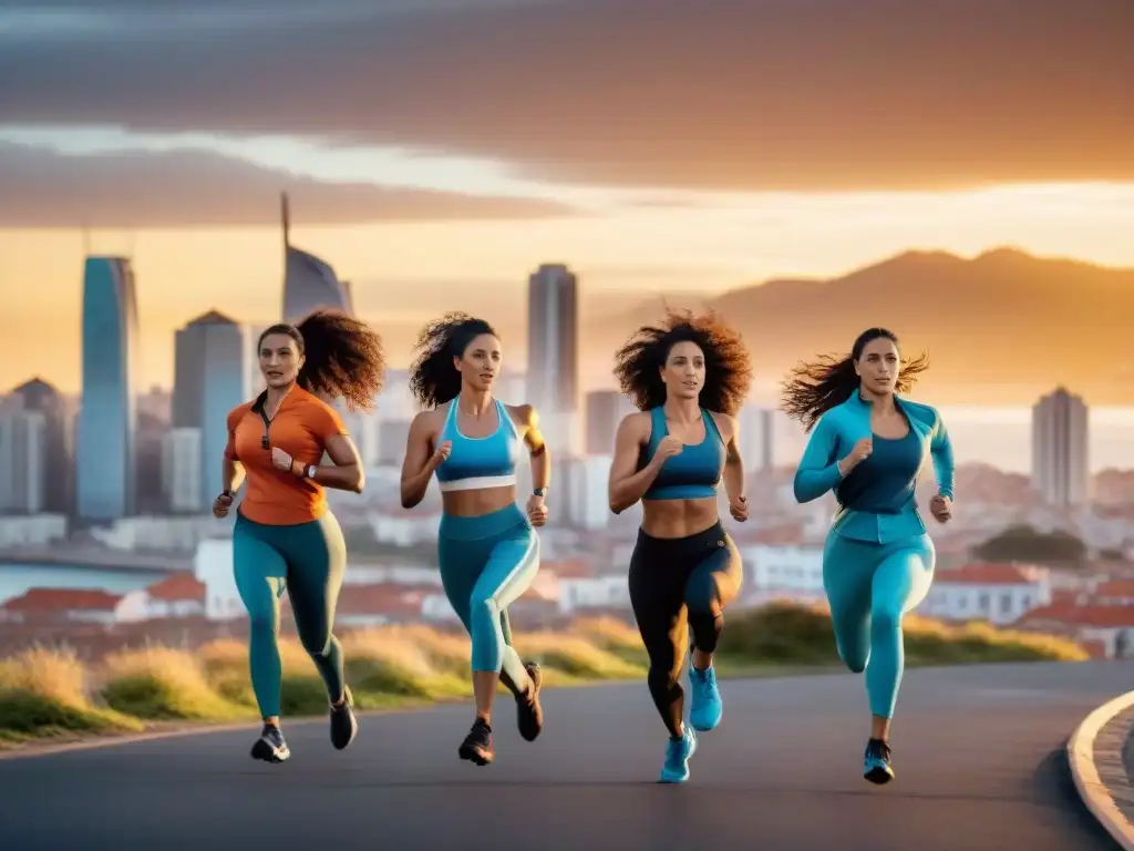 Un grupo diverso de mujeres uruguayas enérgicas realizando actividades físicas en Montevideo al atardecer