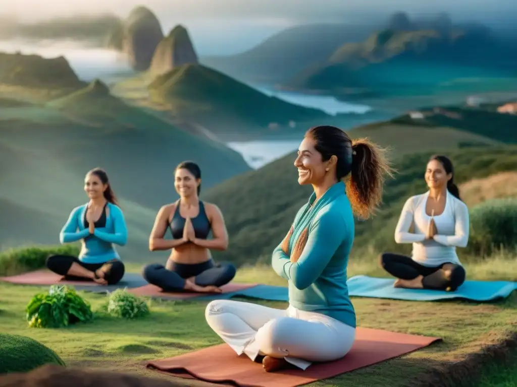 Grupo diverso de mujeres uruguayas practicando yoga, jogging y cocinando juntas, simbolizando la salud femenina integral en Uruguay