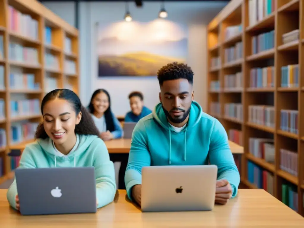 Grupo diverso de niños interactúan positivamente en entorno virtual educativo inclusivo