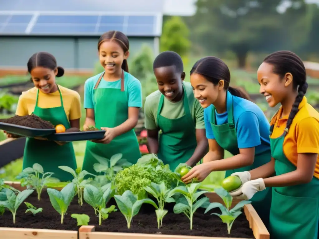 Un grupo diverso de niños escolares entusiastas participa en un proyecto educativo de jardinería sostenible en Uruguay