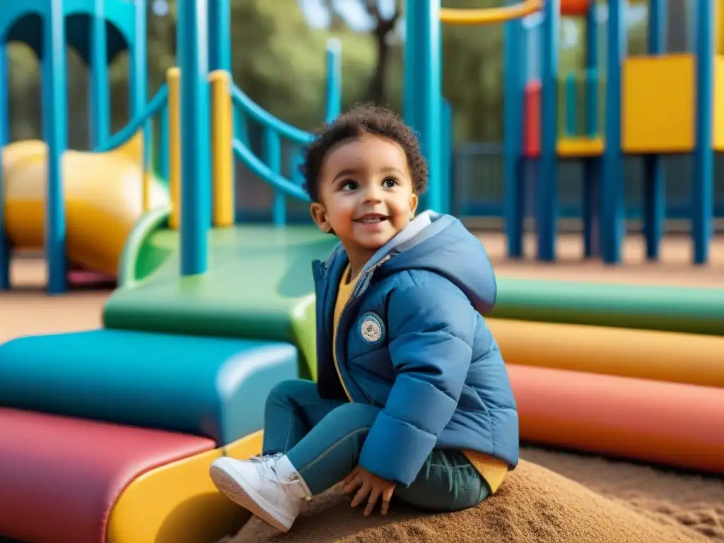 Grupo diverso de niños jugando felices en un parque inclusivo, promoviendo la salud mental en la primera infancia