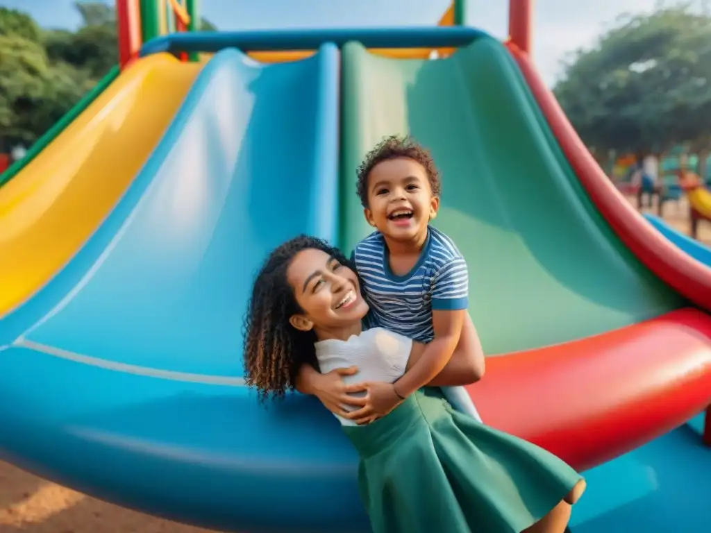 Grupo diverso de niños felices y saludables jugando en un colorido parque en Uruguay