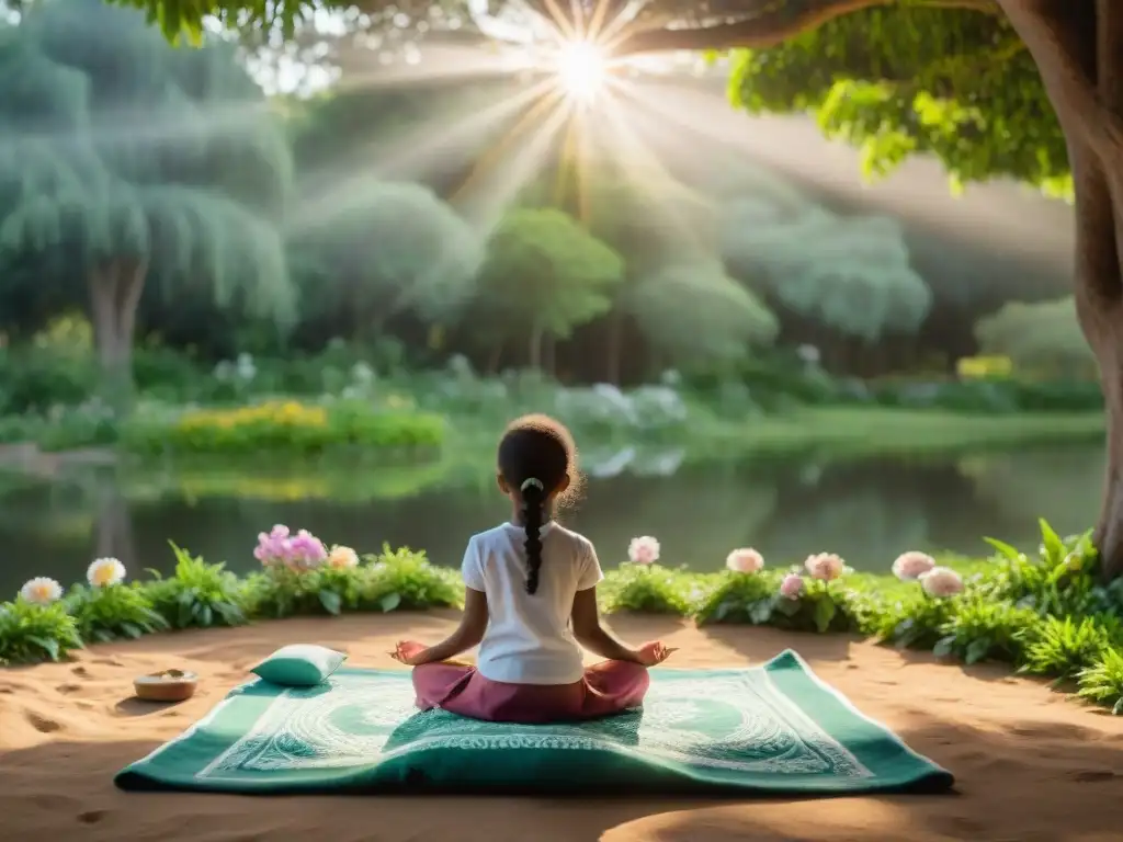 Un grupo diverso de niños practican mindfulness en un parque verde y vibrante en Uruguay