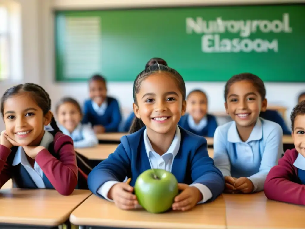 Grupo diverso de niños sonrientes en clase de nutrición en Uruguay, llenos de energía y curiosidad