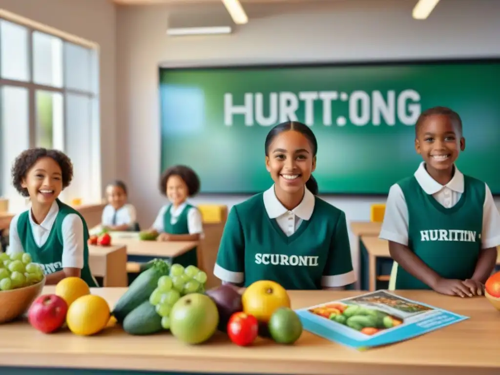 Grupo diverso de niños sonrientes en clase, explorando frutas y verduras con entusiasmo