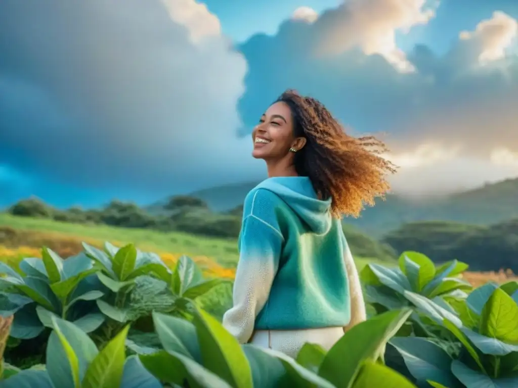 Un grupo diverso de niños sonrientes en moda sostenible, juegan en un parque de Uruguay al atardecer, conectados con la naturaleza