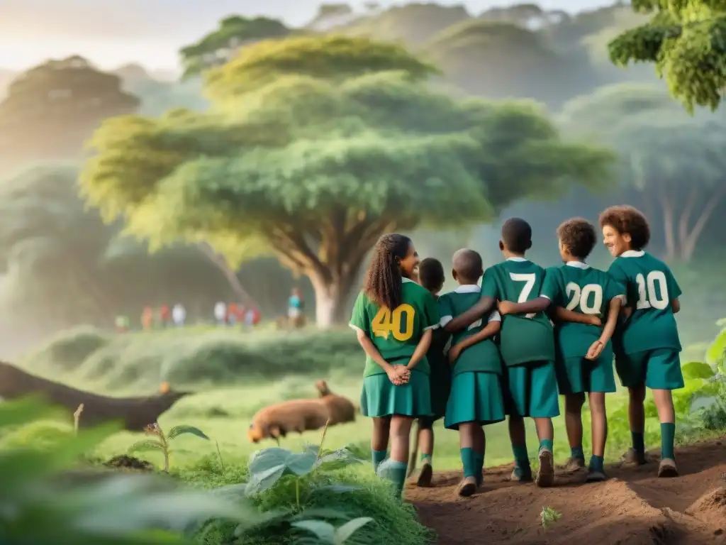 Un grupo diverso de niños sonrientes plantando árboles en un bosque de Uruguay al atardecer