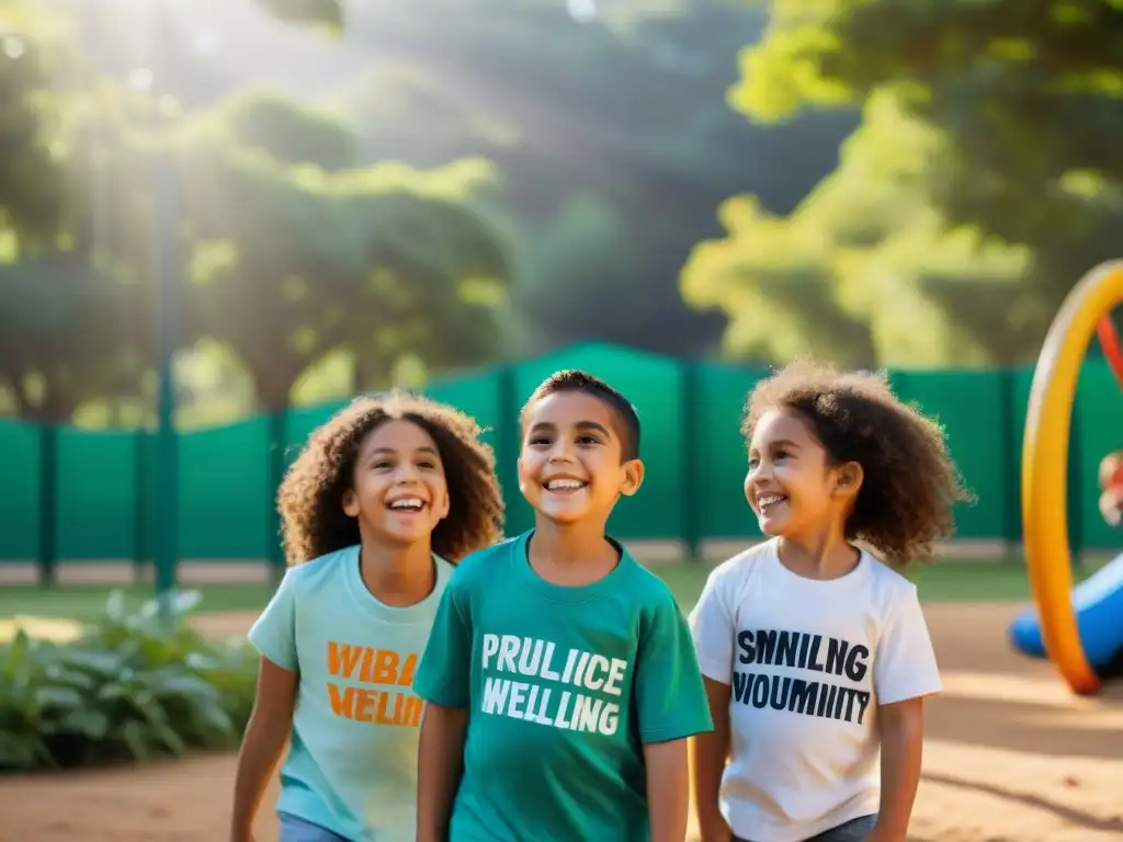 Grupo diverso de niños uruguayos sonrientes jugando en parque, cada uno con camiseta representando enfermedad prevenible por vacunación