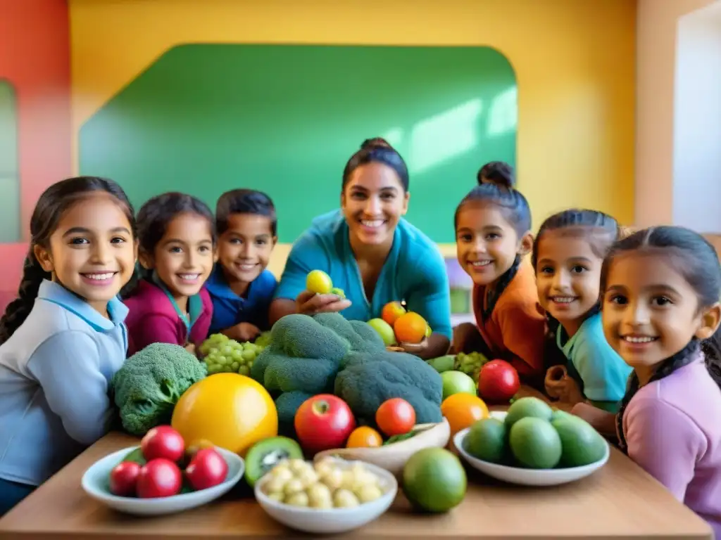 Grupo diverso de niños uruguayos participando en taller de nutrición rodeados de frutas, verduras y materiales educativos