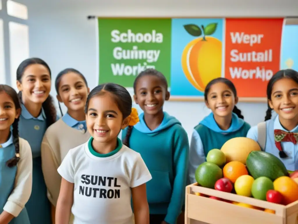 Grupo diverso de niños uruguayos participando felices en taller de nutrición sostenible en escuela, rodeados de frutas y verduras coloridas