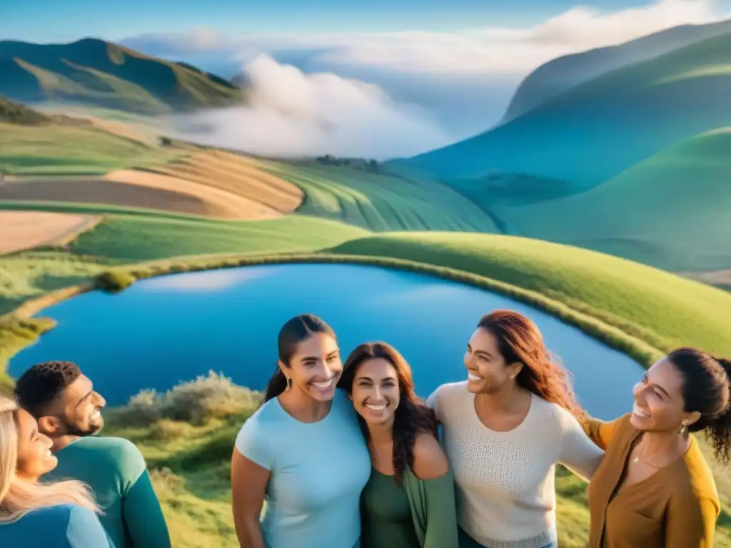 Un grupo diverso de uruguayos sonríe y se abraza en un paisaje encantador, irradiando amor propio y unión