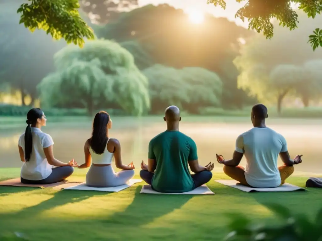 Grupo diverso medita en parque al atardecer, transmitiendo paz y unidad