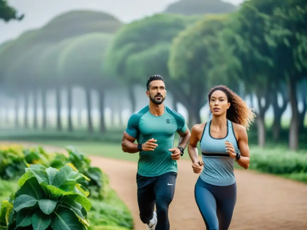 Grupo diverso con wearables de fitness en Uruguay, ejercitándose en parque verde con paneles solares al fondo