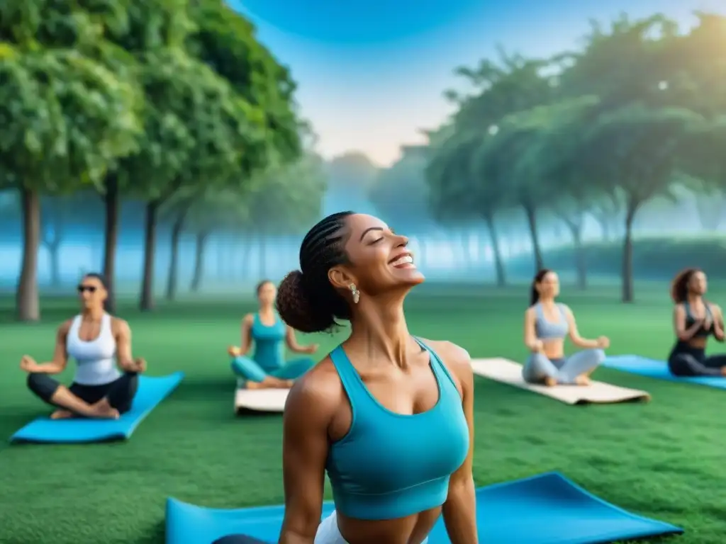 Un grupo diverso sonríe y practica yoga en un parque verde bajo cielo azul