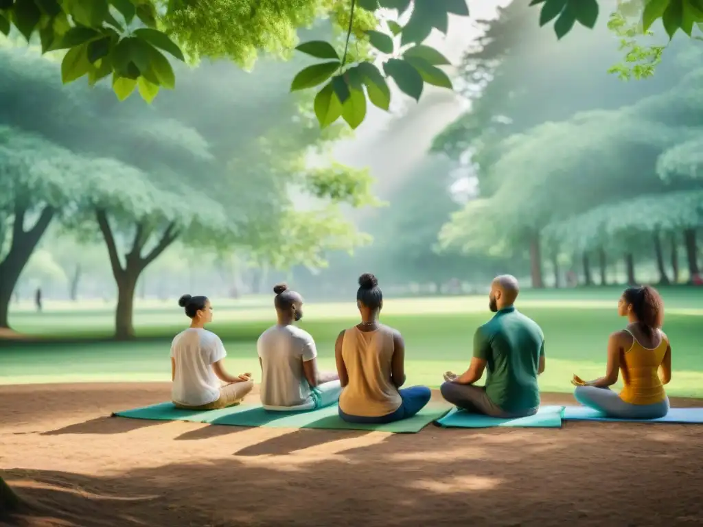 Grupo diverso practica mindfulness en parque verde