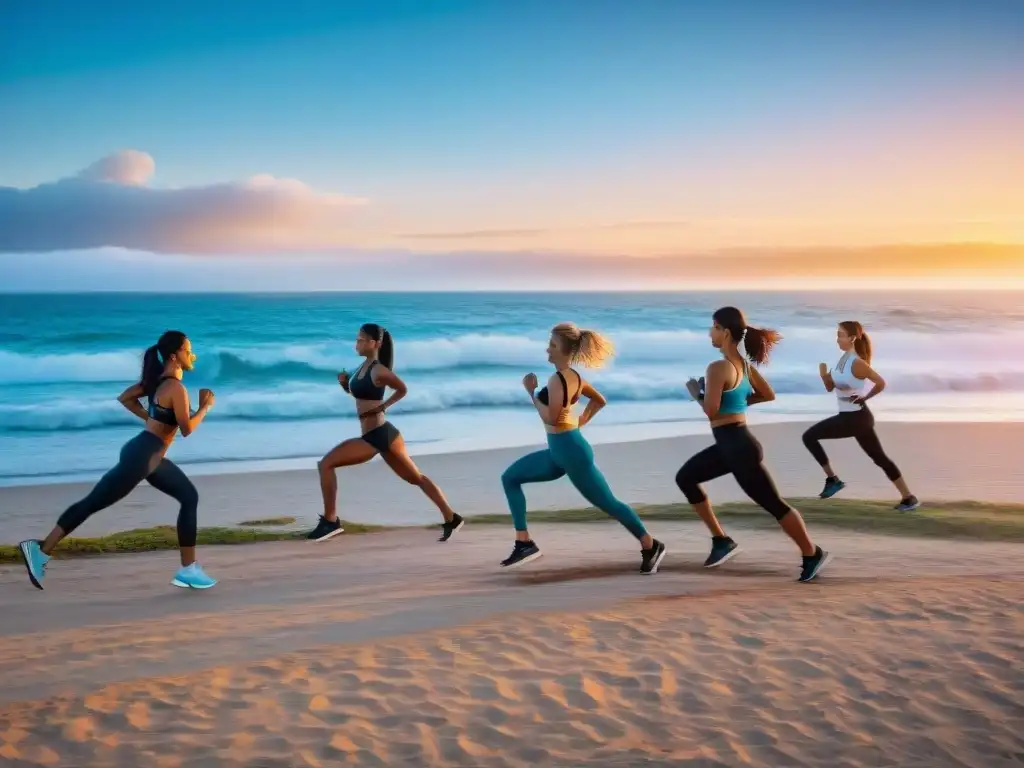 Un grupo diverso de personas practicando actividades fitness en la costa de Uruguay al atardecer