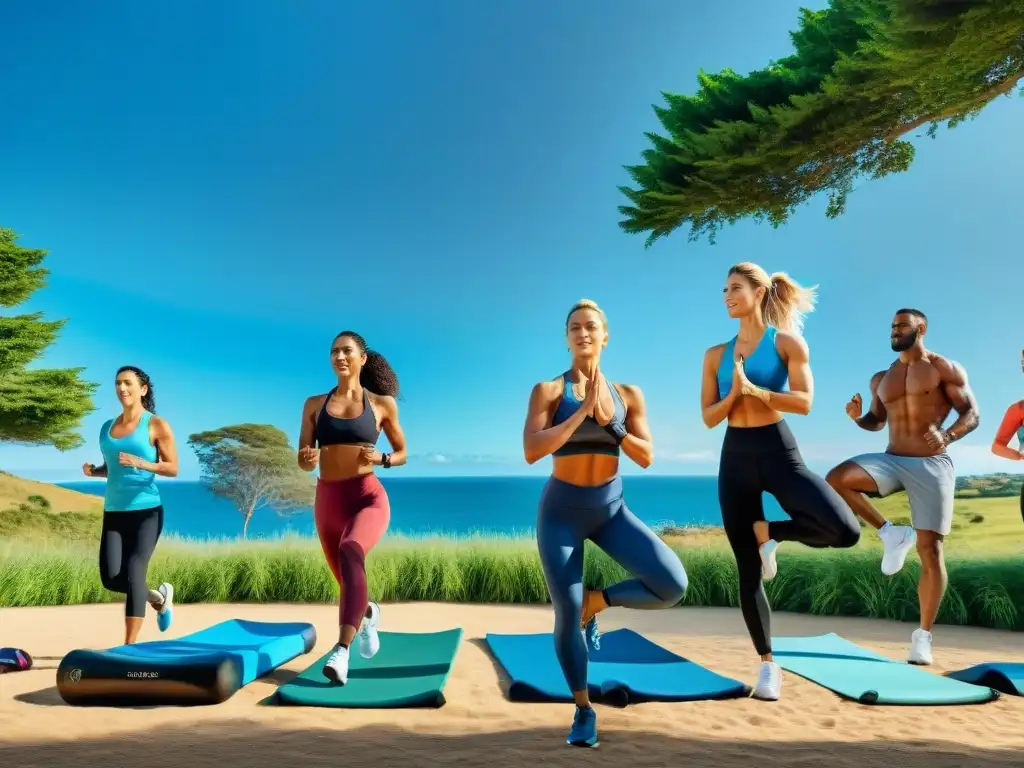 Un grupo diverso de personas disfruta de actividades fitness al aire libre en un parque de Uruguay, mostrando la cultura fitness