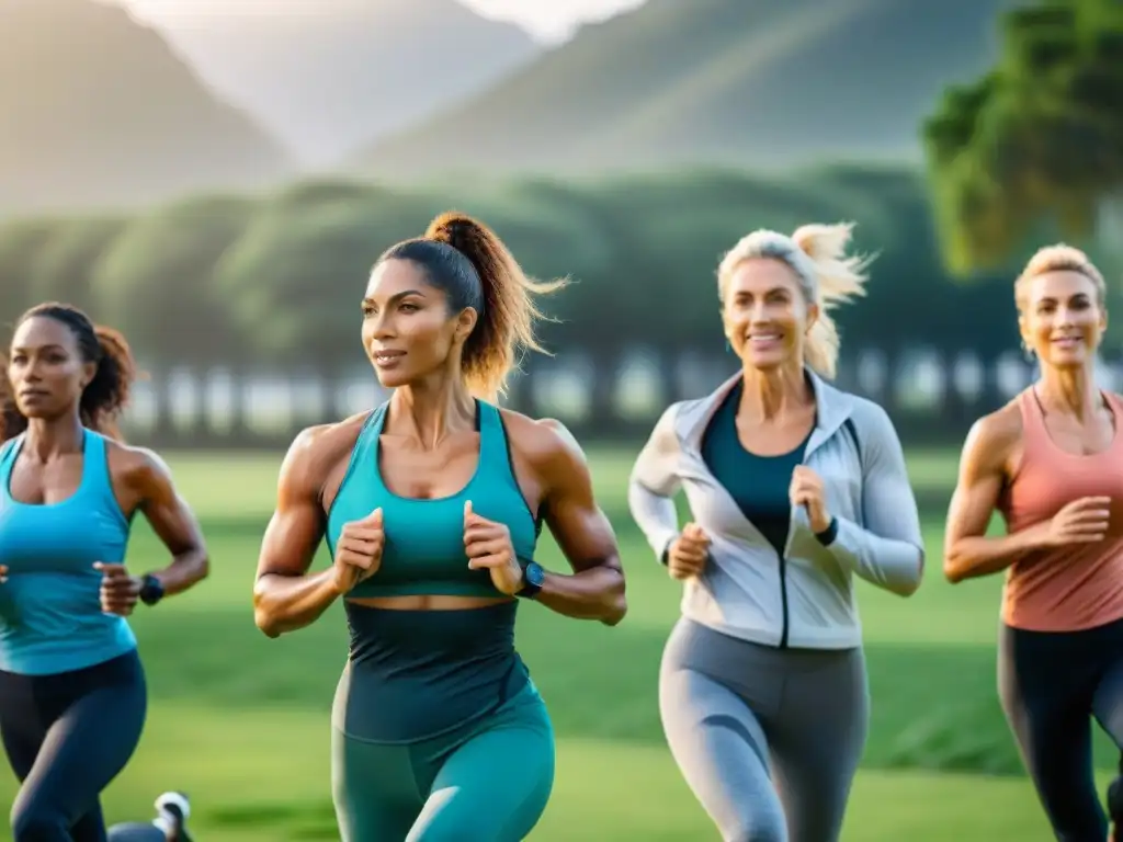 Un grupo diverso de personas practica fitness al aire libre en un parque de Uruguay, mostrando energía y compromiso con la vida sana