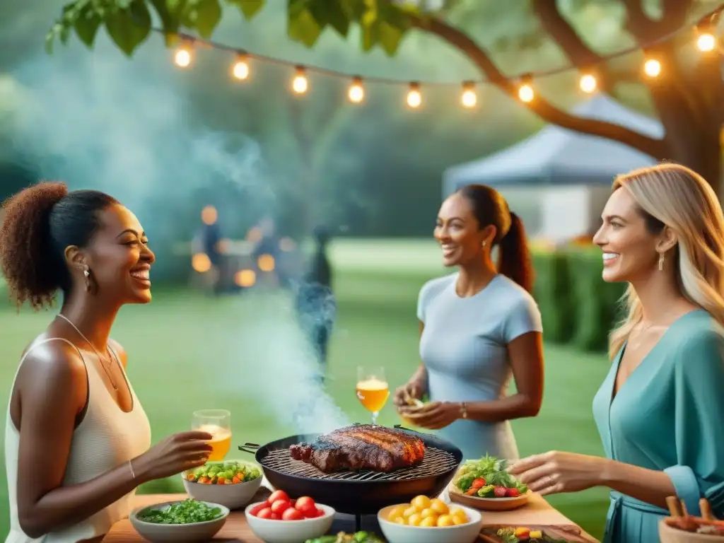 Un grupo diverso de personas disfruta de una barbacoa al aire libre en un jardín exuberante