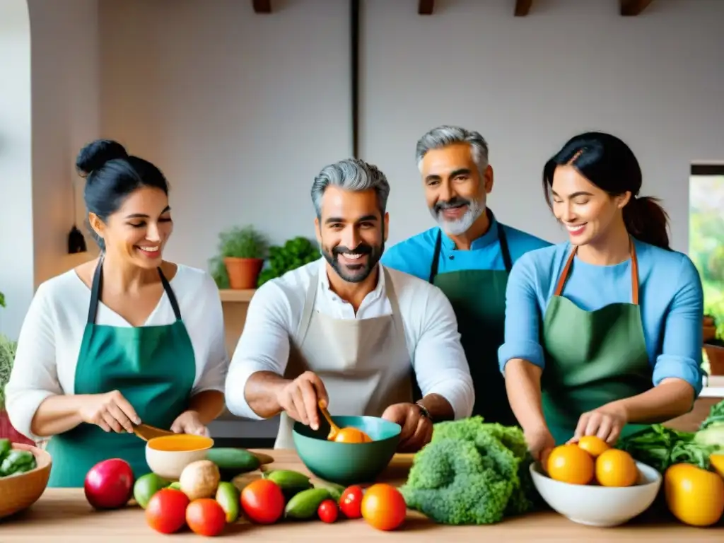 Un grupo diverso de personas en Uruguay participando en una clase de cocina saludable, rodeados de productos frescos y utensilios, en una atmósfera cálida e invitante