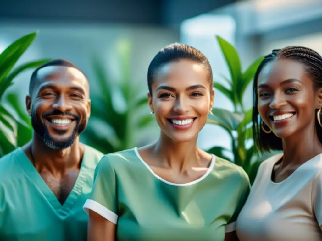 Un grupo diverso de personas sonriendo con dientes sanos en una clínica dental moderna y acogedora