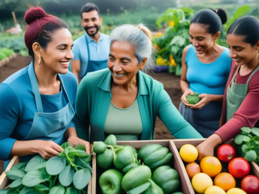 Un grupo diverso de personas de diferentes edades y orígenes trabajando felices juntos en un huerto comunitario en Uruguay