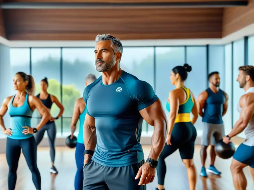 Un grupo diverso de personas de diferentes edades y tipos de cuerpo haciendo ejercicio juntas en un moderno estudio de fitness en Uruguay