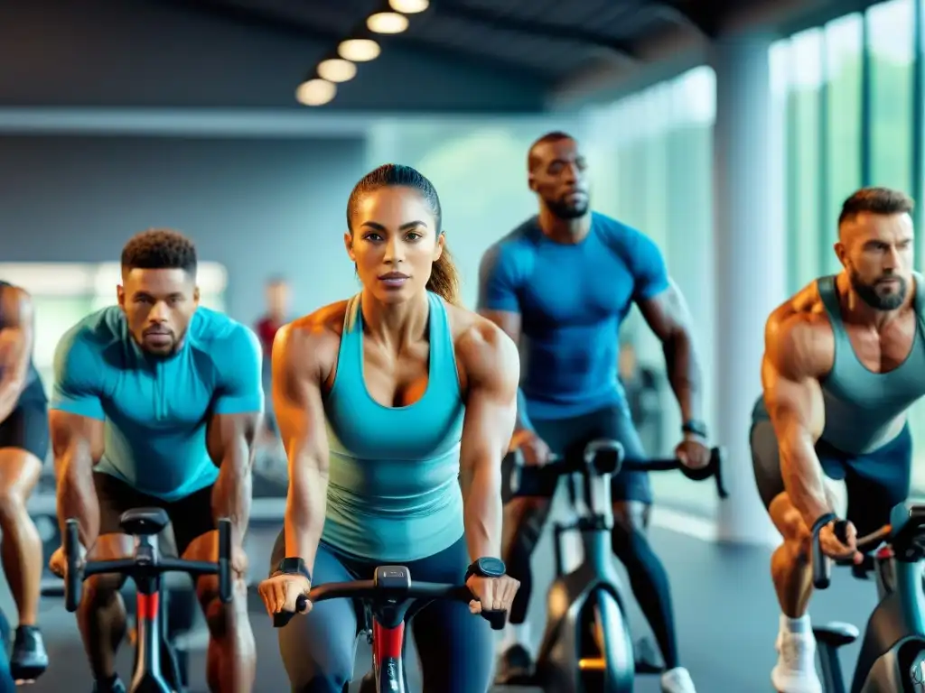 Un grupo diverso de personas en un gimnasio moderno haciendo diferentes actividades físicas, resaltando la importancia de suplementos en Uruguay