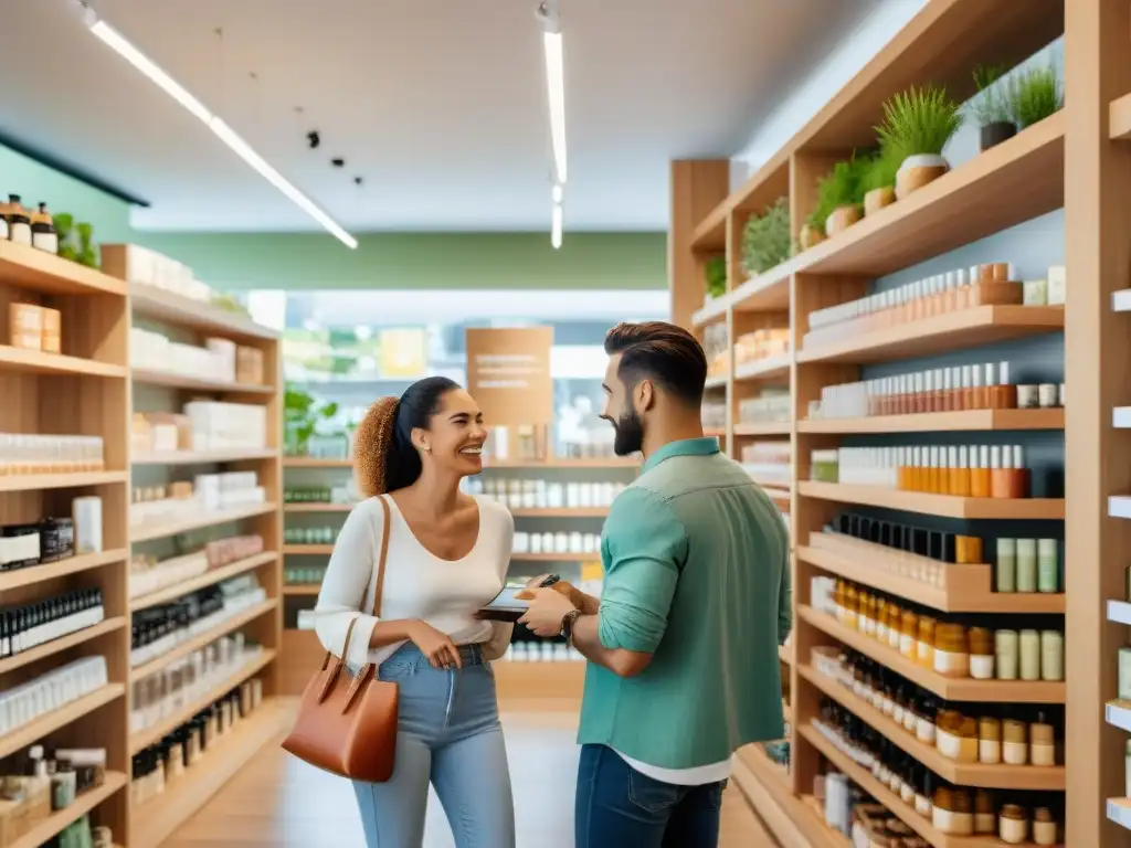 Grupo diverso de personas comprando juntas en una tienda ecoamigable en Uruguay