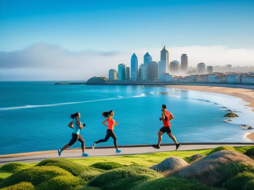 Un grupo diverso de personas corriendo junto a la costa de Montevideo, Uruguay