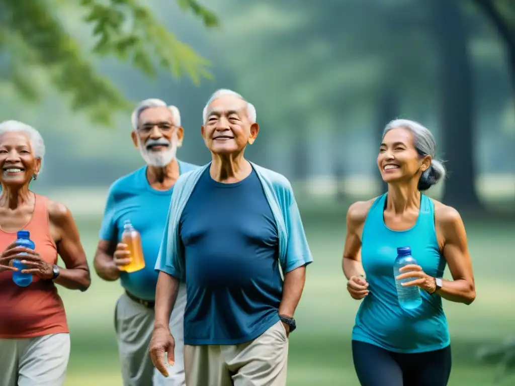 Un grupo diverso de personas mayores disfruta de actividades al aire libre, resaltando la importancia de la hidratación en la tercera edad