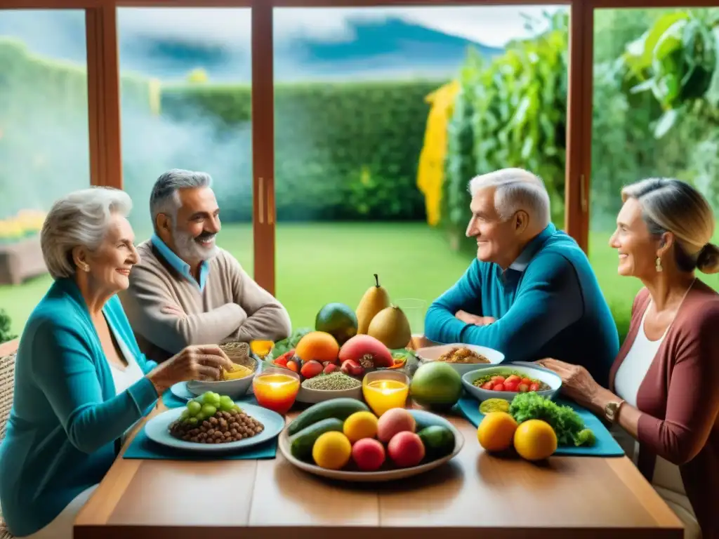 Un grupo diverso de personas mayores felices en Uruguay disfrutando de una variedad de Alimentos clave dieta adulto mayor Uruguay en un comedor moderno y luminoso, rodeados de naturaleza exuberante