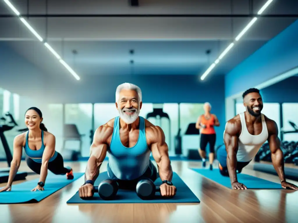 Un grupo diverso de personas mayores sonrientes participan en actividades para fortalecer huesos en un gimnasio moderno y vibrante