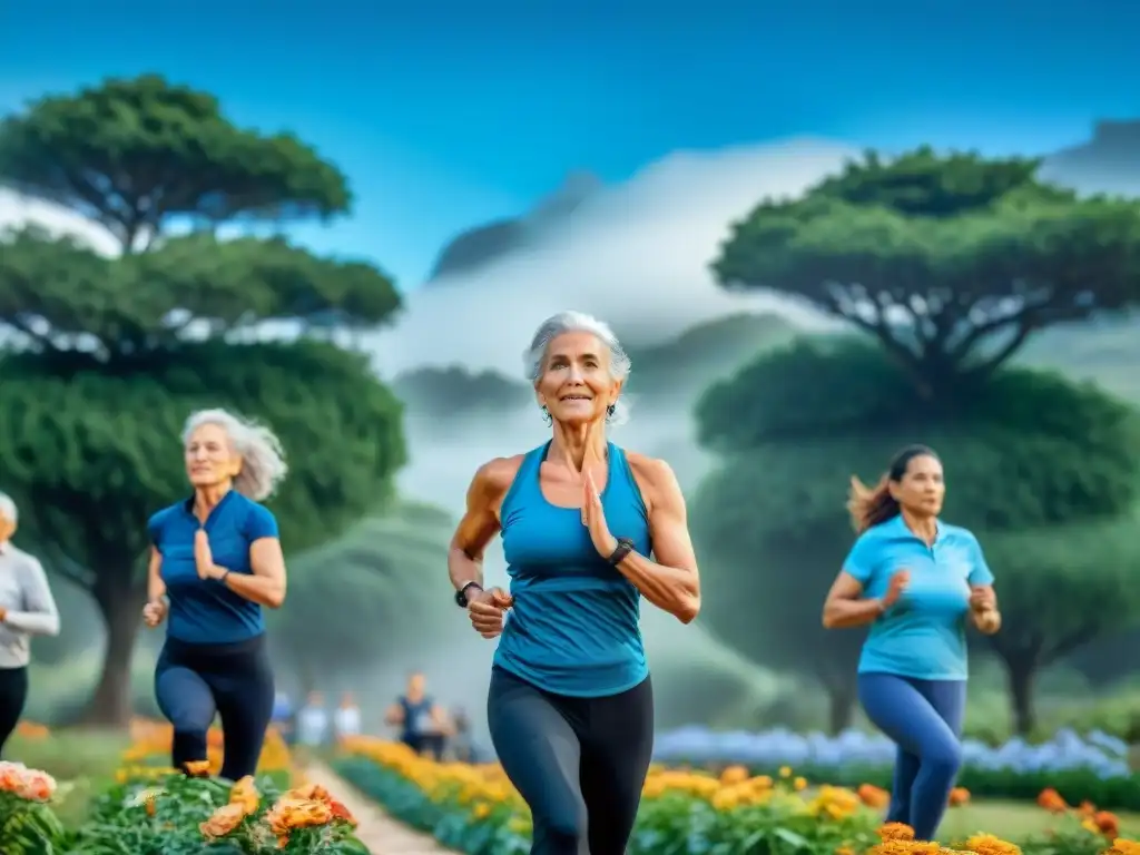 Un grupo diverso de personas mayores participando en actividades de fitness al aire libre en un parque pintoresco de Uruguay