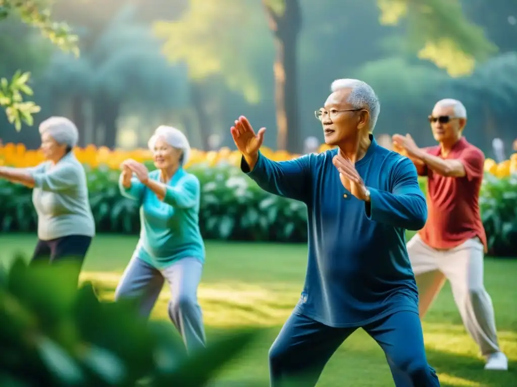 Un grupo diverso de personas mayores practicando tai chi en un parque, transmitiendo paz y vitalidad