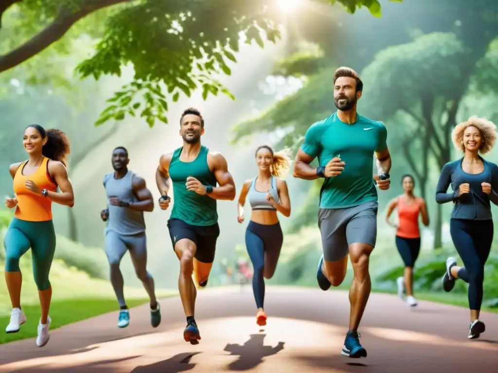 Un grupo diverso de personas usando wearables fitness esenciales en un parque, practicando distintas actividades al aire libre