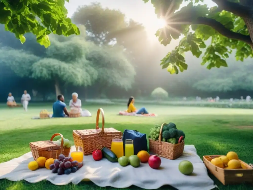 Un grupo diverso disfruta de un picnic en un parque, rodeado de alimentos saludables