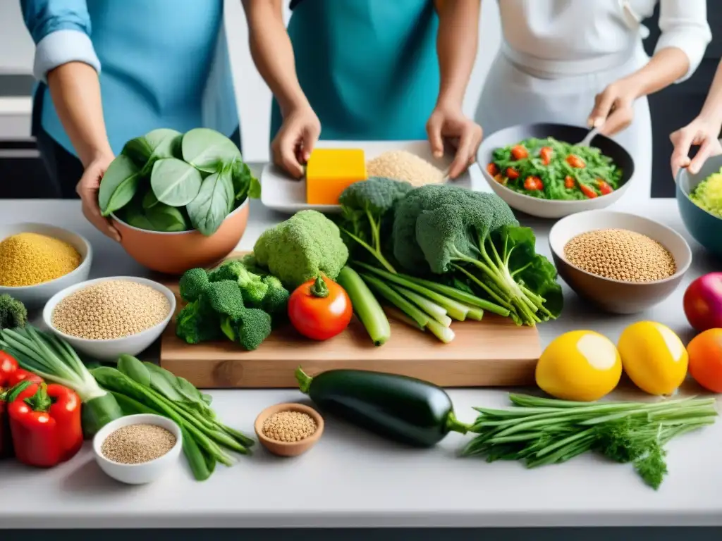 Un grupo diverso prepara y disfruta de platos saludables en una cocina moderna