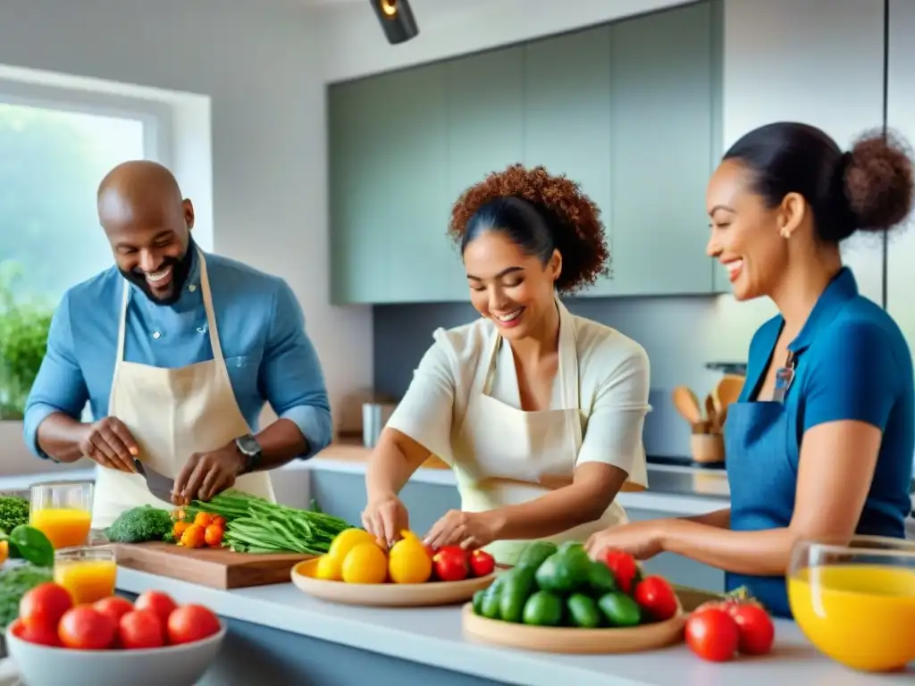 Un grupo diverso disfruta preparando y compartiendo platos saludables en una cocina moderna y luminosa