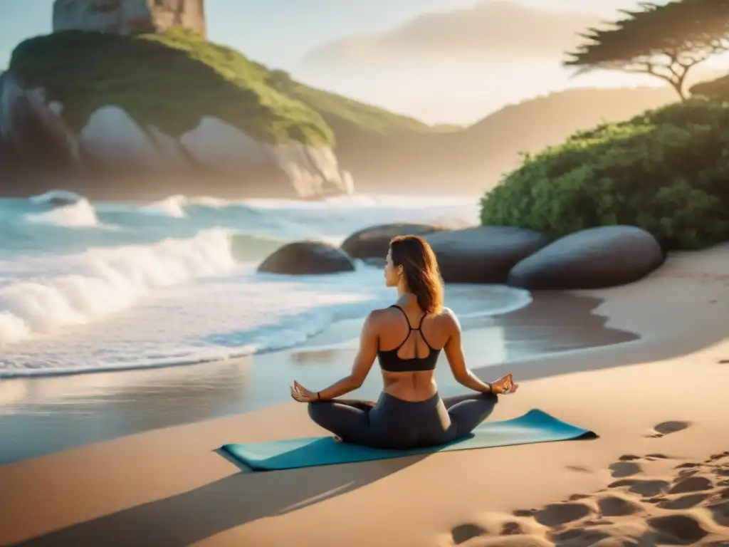 Grupo diverso practica yoga al amanecer en la playa de Uruguay, rodeado de naturaleza